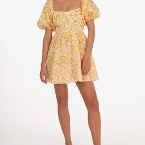 Peony Swimwear LINEN SMOCKED MINI DRESS in DAFFODIL YELLOW FLORAL